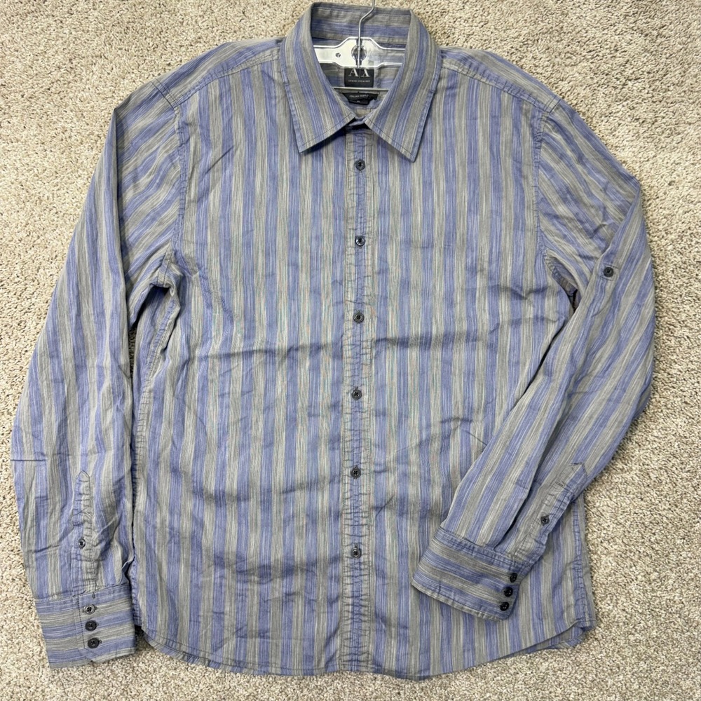 Armani Exchange Button Down Mens XL Italian Fabric Blue Grey Striped EUC